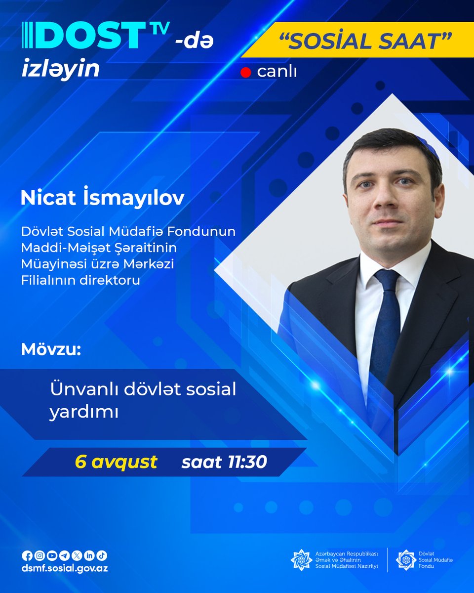 dsmfsosialgovaz's tweet photo. 📷 “Sosial saat”ın budəfəki qonağı Dövlət Sosial Müdafiə Fondunun Maddi-Məişət Şəraitinin Müayinəsi üzrə Mərkəzi Filialının direktoru Nicat İsmayılovdur.
Kanala keçid linki:
📷 https://t.co/oMguxx8rcv
@dostmediatv #ƏƏSMN #DostTV #DSMF #SosialSaat https://t.co/Tlbmz6dXz0