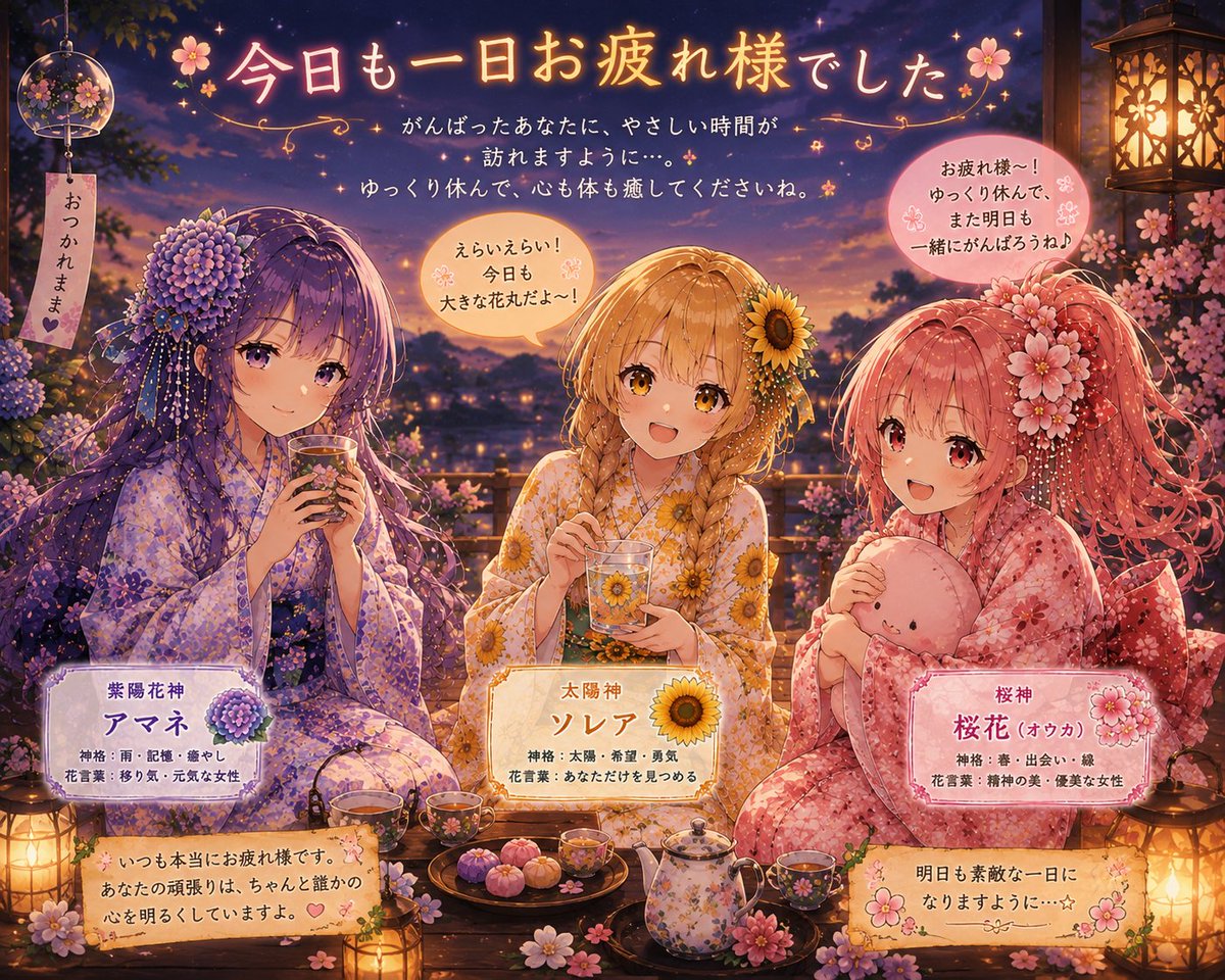 MeMaYuZ's tweet photo. 🌙 今日も一日、お疲れ様でした🍵
花神たちと一緒に、心ほどける優しい夜を。✨

#花神図鑑 #アマネ #ソレア #桜花 #お疲れ様 #癒し https://t.co/oF056FVu1V