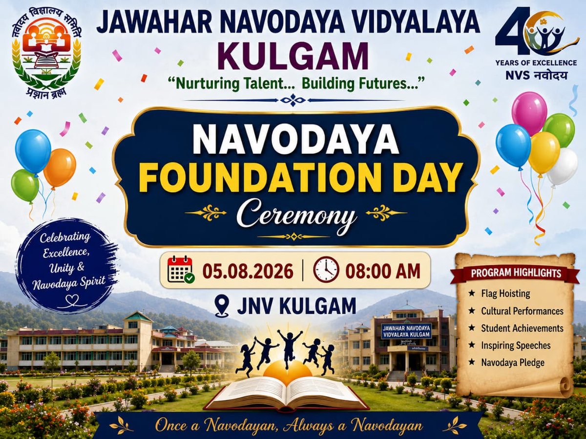 JnvKulgam's tweet photo. Celebrating the glorious legacy of Navodaya! 🇮🇳📚
The Navodaya Foundation Day was celebrated with great enthusiasm on 05.08.2026. The occasion reflected the values of excellence, equality, discipline, and holistic education that define the Navodaya family. https://t.co/BeWjMraWPr