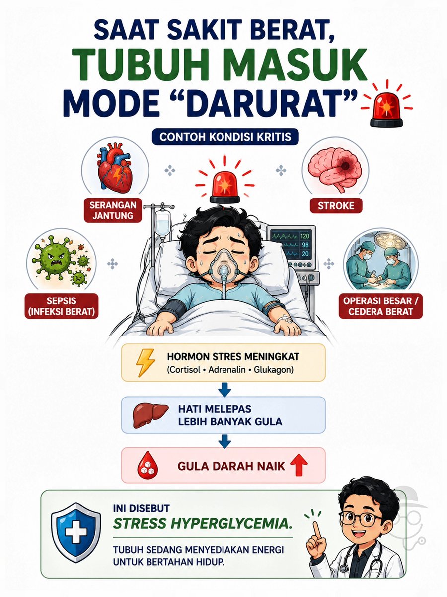 doktercamo's tweet photo. BACA CAPTION‼️

Gula darah tinggi saat dirawat di rumah sakit belum tentu berarti diabetes.

Saat tubuh mengalami penyakit berat seperti infeksi berat, stroke, serangan jantung, atau operasi besar, tubuh akan masuk ke mode "darurat". 🚨

Akibatnya, hormon stres meningkat dan hati melepaskan lebih banyak gula ke dalam darah. Kondisi ini disebut stress hyperglycemia.

Nah, dokter biasanya akan mempertimbangkan pemeriksaan HbA1c untuk membantu menilai apakah gula darah memang sudah tinggi sejak sebelum sakit. Tapi ingat, HbA1c juga tidak selalu akurat, misalnya pada beberapa jenis anemia atau setelah transfusi darah.

Terus... apakah orang yang pernah mengalami stress hyperglycemia pasti akan kena diabetes?

Belum tentu. Tapi risikonya memang lebih tinggi dibandingkan orang yang tidak mengalaminya.

Makanya, setelah sembuh jangan lupa kontrol ulang gula darah sesuai anjuran dokter. Jangan panik, tapi jangan diabaikan juga. ☝️

#diabetes #stresshyperglycemia #kencingmanis #guladarah #tanyadoktercamo