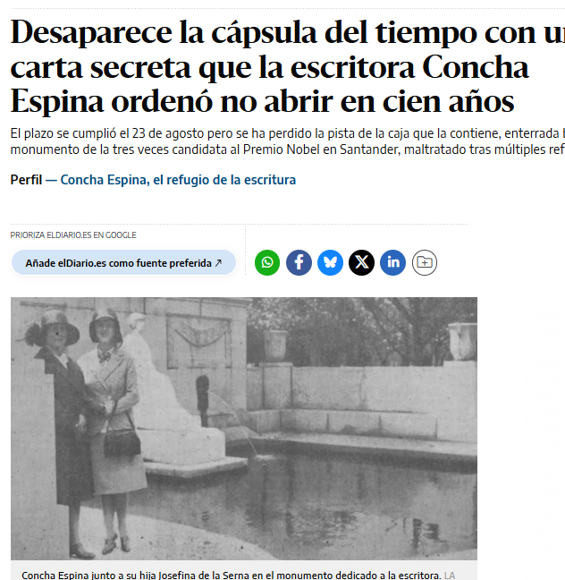 chabelinto's tweet photo. @dmontanes ¿Y de la cápsula del tiempo de Concha Espina sabemos algo, @gemaigual? sigue sin aparecer. Es vergonzoso el abandono y la absoluta falta de cuidado del patrimonio de Santander. https://t.co/MsXONemnHX