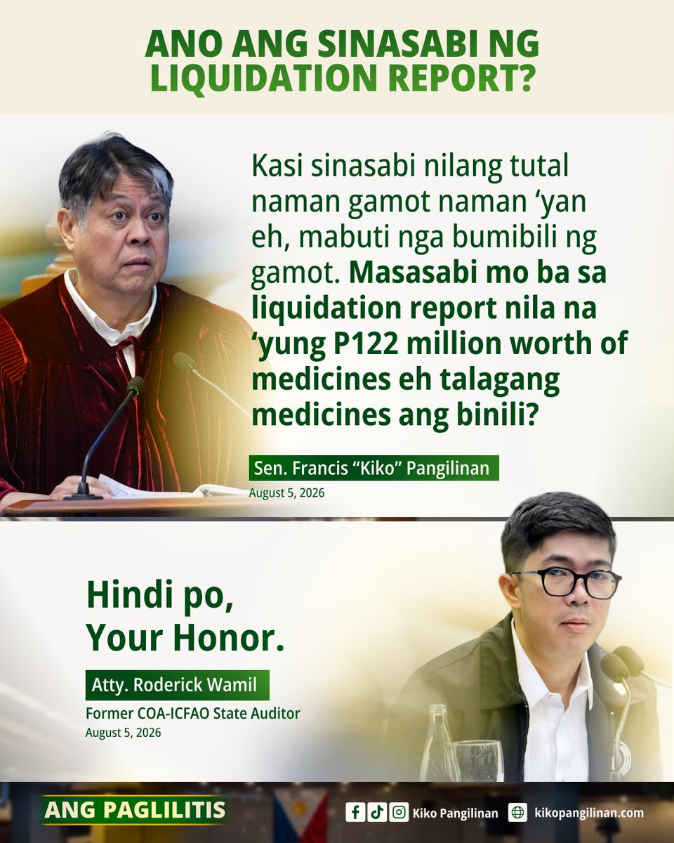 kikopangilinan's tweet photo. ANO ANG SINASABI NG LIQUIDATION REPORT?

Sa ating pagtatanong kay dating COA-ICFAO State Auditor Atty. Roderick Wamil sa ika-13 araw ng Senate impeachment trial, nilinaw natin kung ano ang sinasabi ng liquidation report tungkol sa ₱122 milyon para sa pagbili ng gamot. https://t.co/EZL2JtZKNT