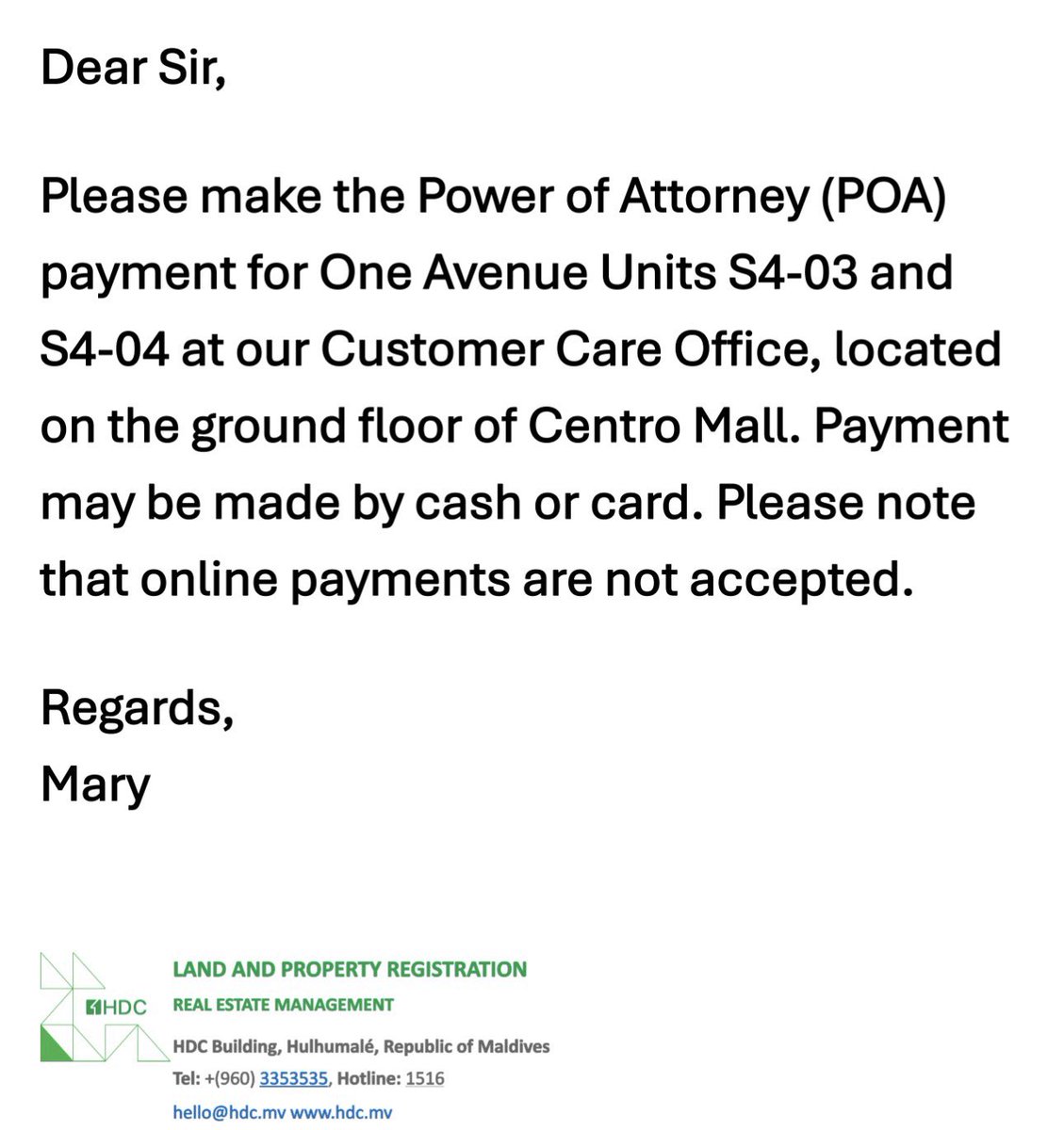 mohamedfiraq's tweet photo. Dear HDC,

Please note that we are now in 2026, where digital payment platforms have become the standard and are designed to make life easier for everyone. It is disappointing that you continue to reject such payment methods, forcing customers to spend unnecessary time dealing with outdated and inconvenient procedures.

Kindly share your bank account details so that the payment can be made electronically. It is time to adopt more customer-friendly and efficient payment options rather than maintaining policies that create unnecessary inconvenience.@hdcmaldives @MHLUDmv @MoCLPmv @Midhuamsaud