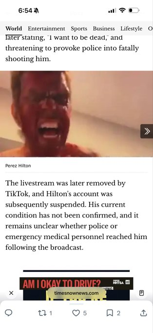 In2ThinAir's tweet photo. 🚨Perez Hilton info! - I believe that This was a cry for help from him. NOT him wanting people to see this.
Perez Hilton didn’t just “have a breakdown” on TikTok live.

That man was either drugged or unknowingly hit with some designer government shit that takes the wheel and makes you do things you would never do.
Going live wasn’t him trying to scare people or put on a show. That was the last little piece of his mind that still had any control left screaming for help. If he really wanted to do what he did, he would’ve started the live from the beginning. He didn’t. He was already gone and still managed to hit that button.

Normal drugs amplify what’s already in you. This was different. Completely different speech, completely different energy. And the fact that he only cut himself… that’s the most demonic injury you can give yourself. Whatever was in him turned pain into some kind of euphoria. Most drugs can’t flip those two. This one did.
Something possessed him.
Keep that man in your prayers. This wasn’t normal.
