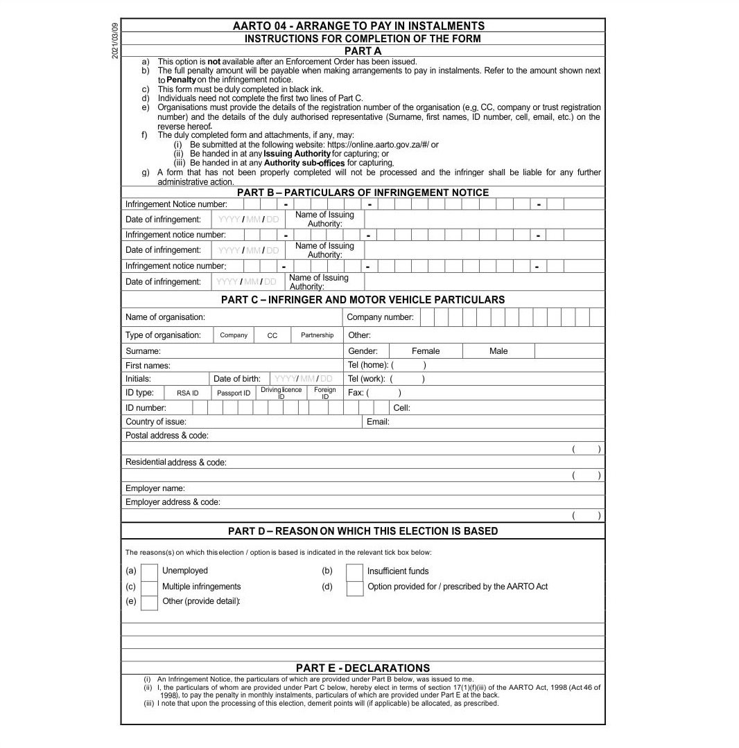 rtia_aarto's tweet photo. Complete an AARTO 04 form, which is freely available on the AARTO website https://t.co/TpKyAG1Du4 to arrange to pay AARTO fines in instalments. Each payment must be made monthly on or before the first day of each calendar month until full settlement of the outstanding https://t.co/oSAu0nhaGG