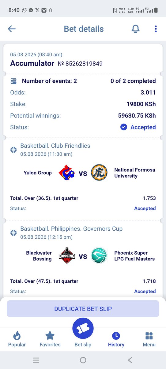 BetHubpro_'s tweet photo. 🔥 TODAY'S BASKETBALL ACCUMULATOR 🏀
💰 Potential Win: 59,630.75 KES
🎯 Odds: 3.011
Selections: 🏀 Yulon Group 🆚 National Formosa University
✅ 1st Quarter Total Over 36.5
🏀 Blackwater Bossing 🆚 Phoenix Super LPG Fuel Masters
✅ 1st Quarter Total Over 47.5
🎫 Booking Code: E83AB
🎁 Create your PariPesa account today!
👉 Promo Code: ANNA1
🔗 Register here: https://t.co/o6yjpJaeYJ
⚡ Don't miss out—place your bet before the games begin. Bet responsibly.