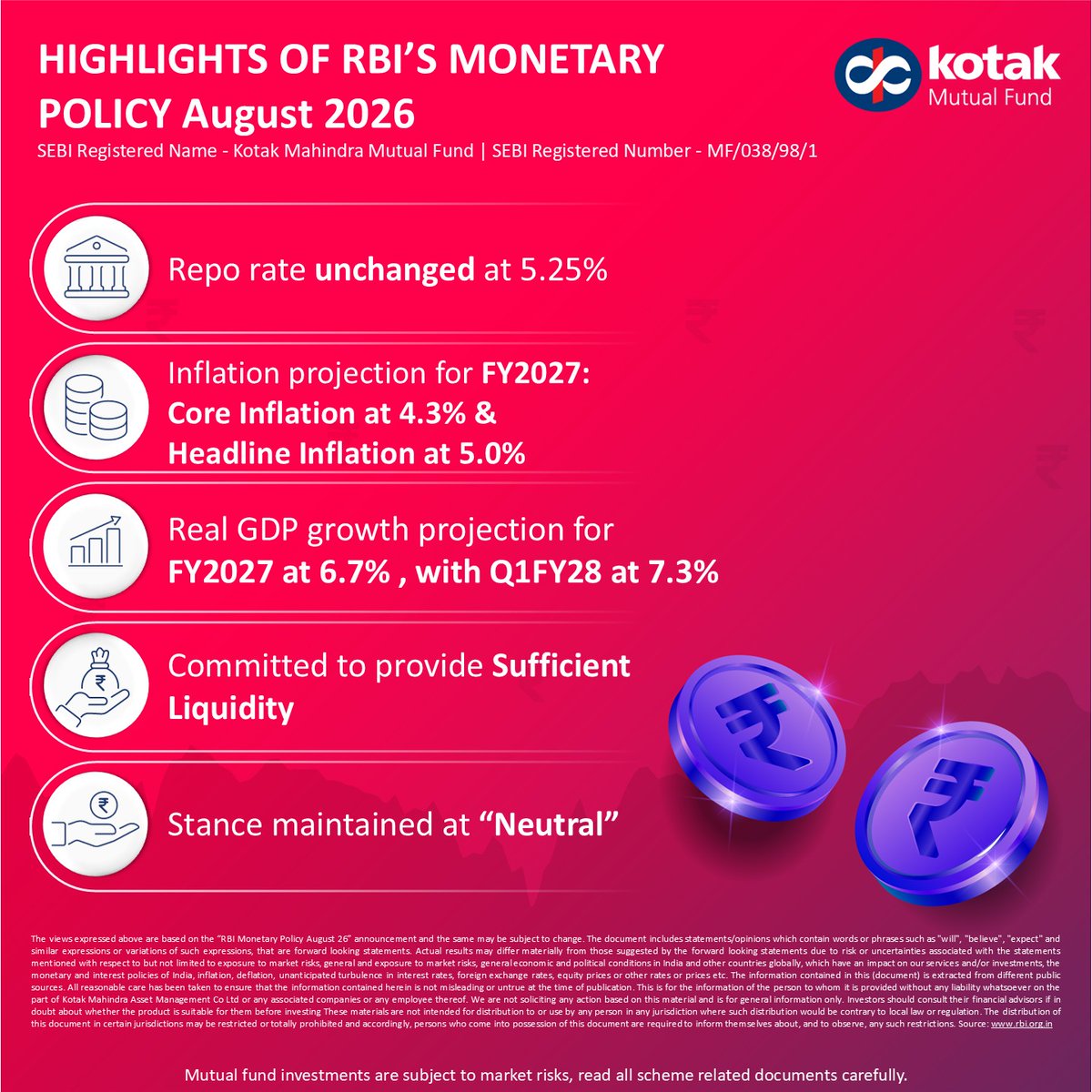 KotakMF's tweet photo. Highlights of RBI’s Monetary Policy August’26

#RBIPolicy #MonetaryPolicy #Inflation #GDP #RepoRate https://t.co/1GRlYYYRei