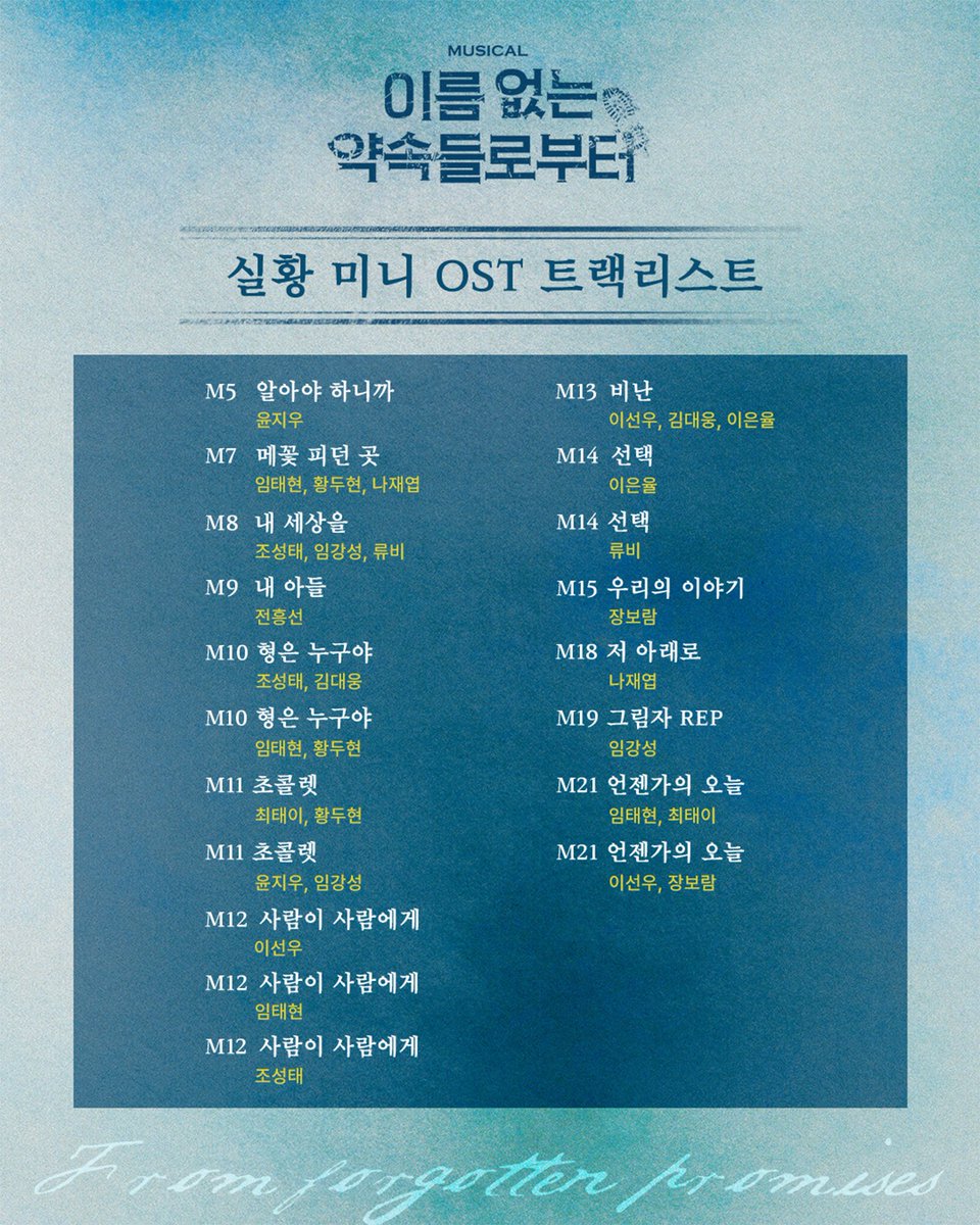 orchardmusical's tweet photo. 안녕하세요. 오차드뮤지컬컴퍼니입니다.

뮤지컬 '이름 없는 약속들로부터' 6회차 재관람 혜택인 실황 미니 OST 수령 안내드립니다.
오랜 시간 기다려주신 관객분들께 진심으로 감사드리며 실황 미니 OST 트랙리스트 재안내 및 수령 기간 및 세부 운영 시간 안내드립니다.  

✅ 1차 
수령 기간 : 8/5(수) - 9/6(일)
수령 장소 : NOL 씨어터 대학로 우리투자증권홀 내 뮤지컬 '브라더스 까라마조프' MD 부스
운영 시간 : 공연 시작 1시간 전 - 10분 전, 공연 종료 후 10분 

✅ 2차 
수령 기간 : 9/9(수) - 10/11(일)
수령 장소 : 서울시 종로구 동숭길 101 3층
운영 시간 : 화 수 목 금 18:00 - 20:00
                   토 일            13:00 - 18:00

* 월요일 및 공휴일 휴무
* 수령 시 '실황 미니 OST 실물 교환권'을 반드시 지참해 주시길 부탁드립니다.