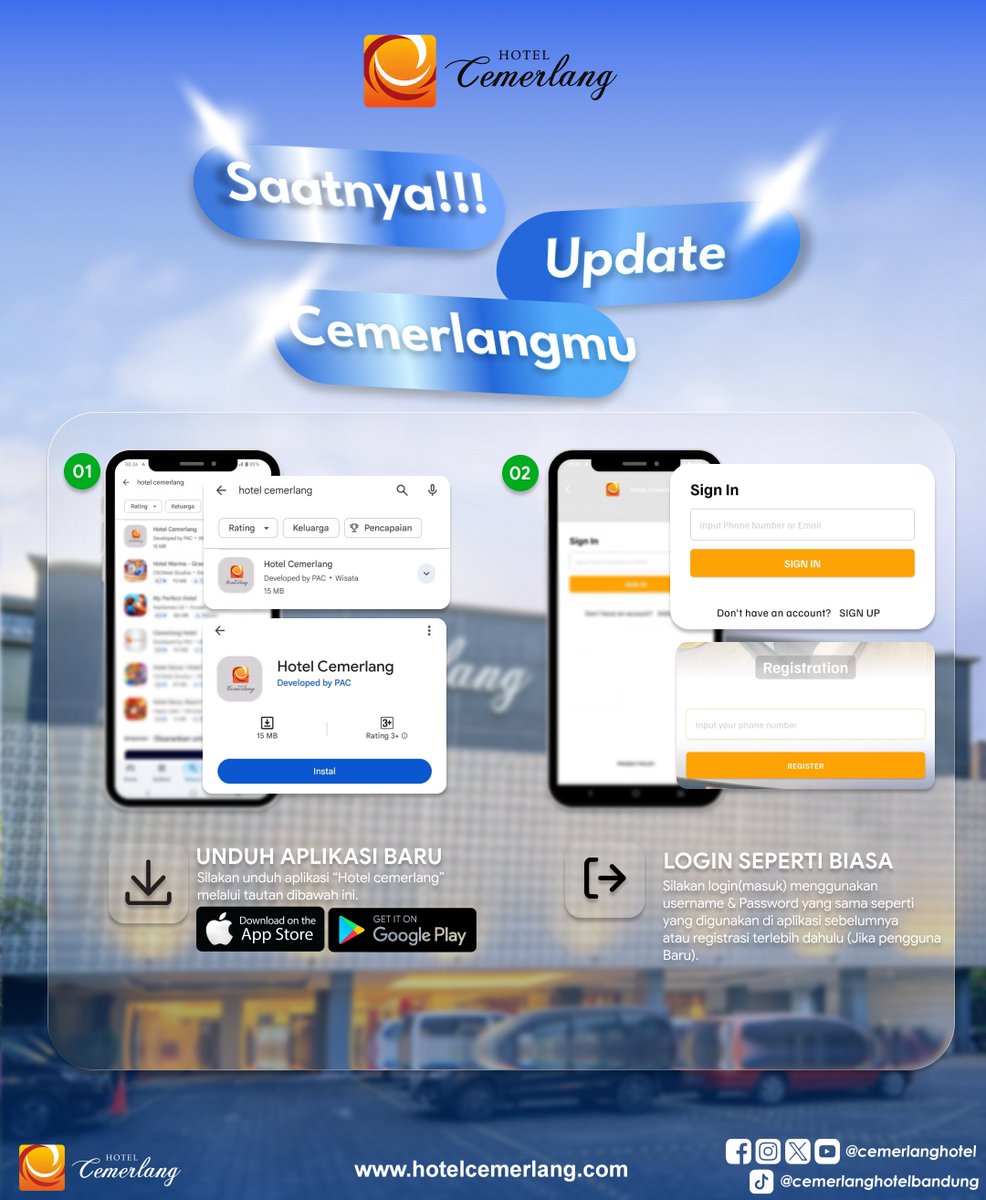 CemerlangHotel's tweet photo. Saatnya Update Cemerlangmu! 🚀
​Aplikasi Hotel Cemerlang versi baru sudah rilis! Lebih responsif, lebih praktis, dan pastinya ada Diskon s/d 10% buat kamu yang booking lewat aplikasi! 🔥 https://t.co/l4Dpzs3D4g