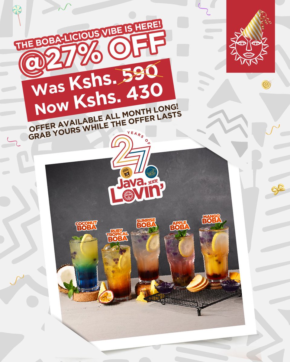 javahouseafrica's tweet photo. Good news for every Boba lover!​
Your favorite Java Boba is now at 27% OFF.​
Enjoy Coconut, Ruby Tropical, Sunrise, Apple or Mango for just Ksh. 430. ​ Don't miss out! #JavaLove #JavaBoba #27YearsOfJavaLovin https://t.co/HmOx6KJr7a