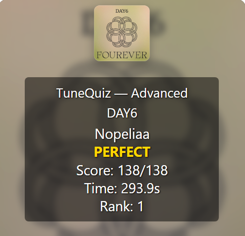 cintasamadowoon's tweet photo. Kemarin lagunya cuman 132, sekarang update jadi 138 (ada english ver juga).
Yang penasaran bisa coba ke link berikut :
DAY6 Song Quiz — Advanced
138/138 correct | 293.9s
Take the challenge
https://t.co/10nk5TgrnA
#DAY6 #Sungjin #Youngk #Wonpil #Dowoon https://t.co/E6L2V4j1sA