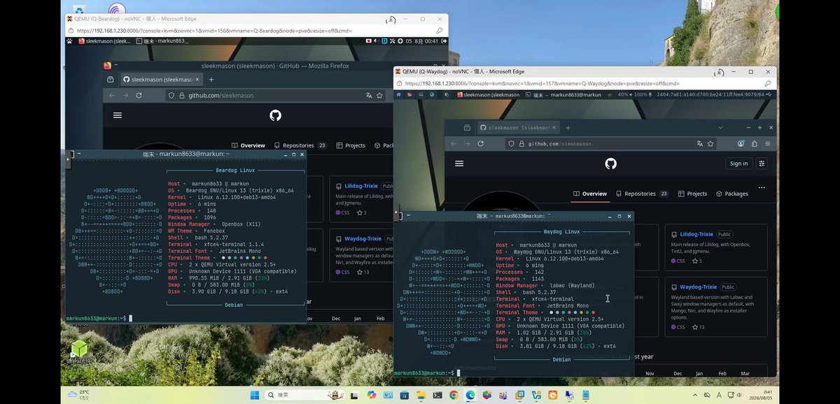 markun8633's tweet photo. Lilidog Trixie 26.08.03続き
Proxmoxで

Lilidog Trixie 26.08.03
 Beardog*1、
 Waydog*2
  Login=Labwc、Sway ⭕️
 Updateあり、日本語表示追加、
 ブラウザ、レスOK
 *1 firefox-esr追加
 *2 labwc/autostart,sway/config変更
 こちらもdebian13.6⋯ 
 問題なし⋯😙

OmegaLinuxは、FunOSぽいな〜🙈 https://t.co/mv2j9N8fmr