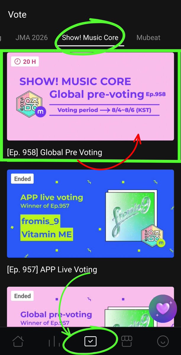 HHJCentral's tweet photo. Where to vote:
1. Press on the checkmark
2. Look for Show Music Core
3. Choose Global Pre-Voting https://t.co/EOWlWTG9bE