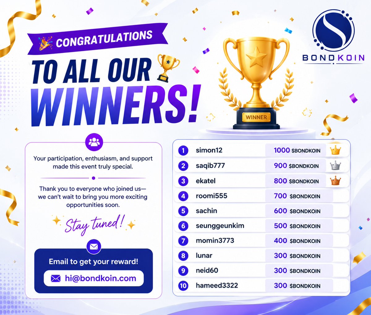 SociocoreTeam's tweet photo. 🎉 Congratulations to all our Leaders! 🏆

Your dedication, leadership, and commitment continue to inspire our growing community. Thank you for your hard work and for helping drive the BONDKOIN Ecosystem forward.

Email hi@bondkoin.com to receive your reward.

Together, we're building a stronger Web3 future. 🚀

#BONDKOIN #Leadership #SOCIO #Web3 #Crypto #Blockchain #Community
