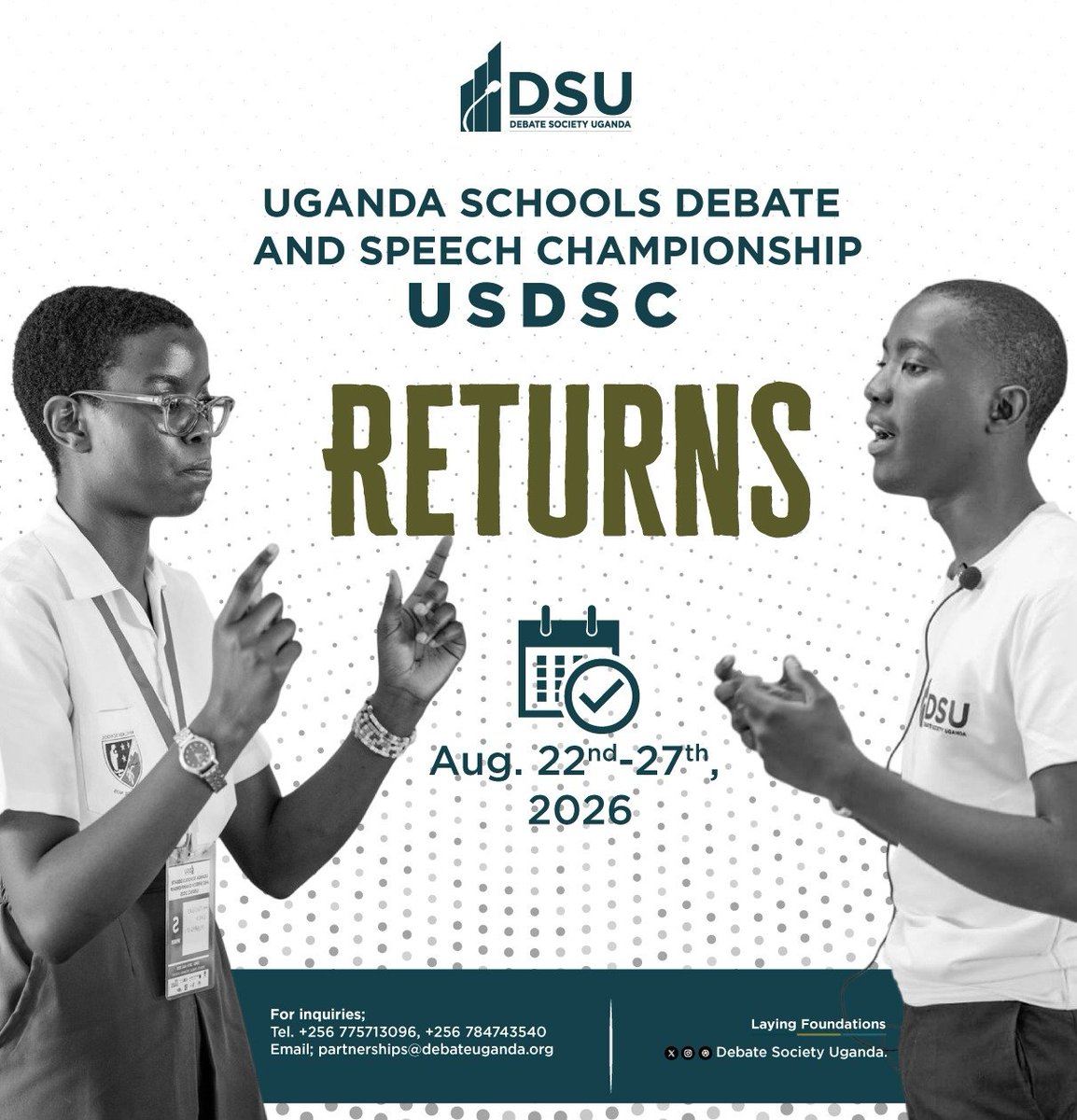 DebateUganda's tweet photo. The road to Uganda Schools Debate and Speech Championship 2026, BEGINS.
⌛️

The dates are set.
The invitations are out.
The tasks are underway.

To be part, reach out at partnerships@debateuganda.org

#USDSC26 https://t.co/Ks0cjzmz6w