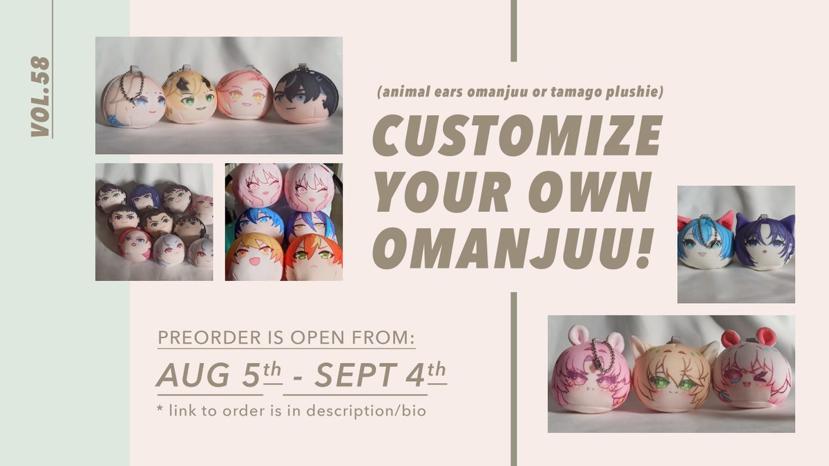 muanjouuuu's tweet photo. [RT is very much appreciated🙏] 
Hello!
I will be opening preorder from AUG 5th - SEPT 4th  

for more info and purchase:
Local/ID: https://t.co/2RnKzOgwiy
International: https://t.co/AmhdRc7WzR 

#customomanjuu #comifuro #kkam #chibicon #cocoma #zonauang https://t.co/dz6t1SLBjq