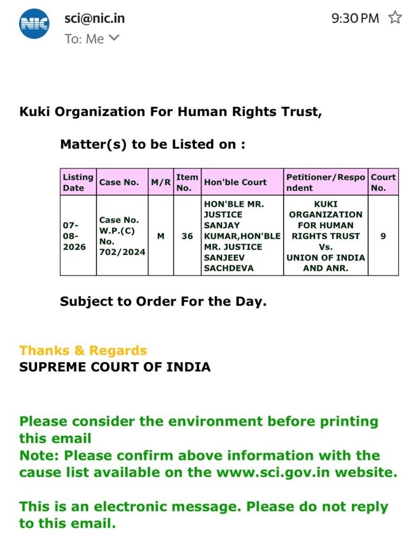 KSO_CCPur's tweet photo. The matter pertaining to the audio recording involving former Manipur CM @NBirenSingh is listed for hearing before the Hon'ble Supreme Court of India on 7th August, 2026.

We hope the proceedings uphold justice, due process and transparency.
@thewire_in @the_hindu 
#ManipurTapes https://t.co/FZQC4bKG2P