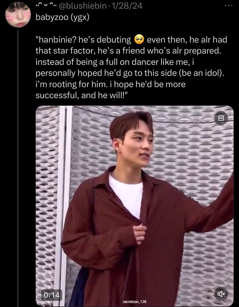hnbnsrng's tweet photo. Babyzoo (2024) : "I root for hanbin to go more on the idol side than a full dancer like me, I know he will become successful. He has a star factor"

Babyzoo (2026) : *smiling while clapping when idol hanbin shows up*

🥹🥹 https://t.co/3akLkWcwYo