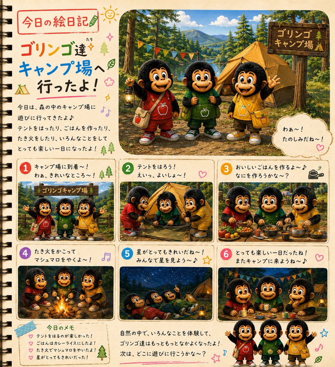 goringo564239's tweet photo. 🏕️自然の中で過ごす時間って、
あっという間だけど最高😊🍎
またみんなで来たいね🌲✨

#ゴリンゴ #絵日記 #キャンプ https://t.co/KaJ5K9mTRb