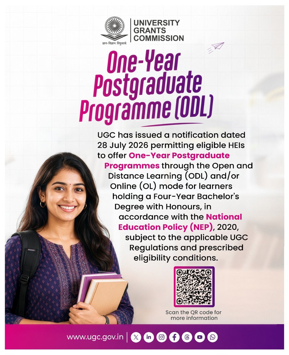 ugc_india's tweet photo. UGC has issued a circular permitting eligible Higher Education Institutions to offer One-Year Postgraduate Programmes through Open and Distance Learning (ODL) and/or Online mode in accordance with the National Education Policy 2020.

🔗 Read the UGC Circular: https://t.co/KUOP1wK6f8