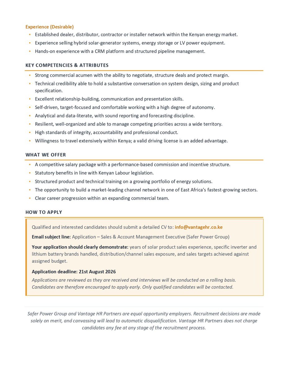 SaferPower_254's tweet photo. 🚀 We're Hiring! Join the Safer Power Team.
Position: Sales &amp; Account Management Executive
📍 Location: Nairobi, Kenya (with regional travel across the country)
🕒 Employment Type: Full-Time
📅 Application Deadline: 21st August 2026
#WeAreHiring  #SalesJobs #AccountManagement https://t.co/nwPiwHOz1Y