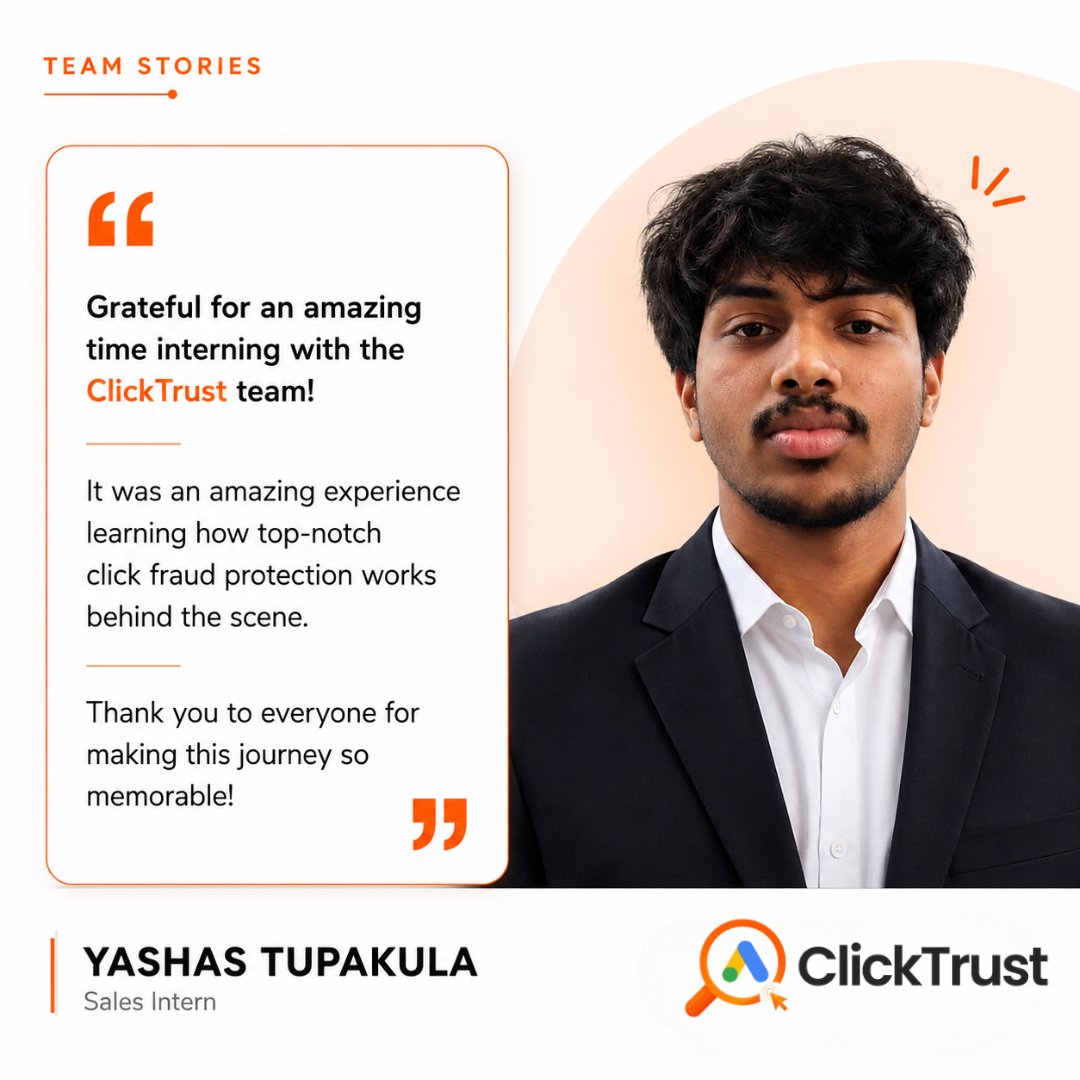 clicktrustcc's tweet photo. Last day for Yashas at @ClickTrust ๐งก
Came in curious. Leaves knowing exactly how click fraud protection works behind the scenes.
That kind of learning sticks. Best of luck Yashas! ๐
#ClickTrust #Internship #AdTech https://t.co/axE2O7YUNh