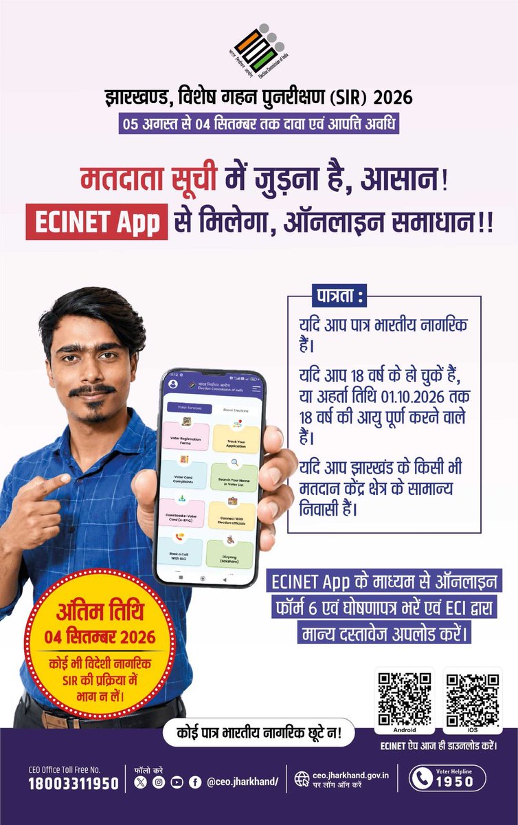 ExploreKoderma's tweet photo. 01.10.2026 तक 18 वर्ष के पात्र भारतीय नागरिक फॉर्म-6 भरकर ECINET App, https://t.co/VfYobP7lyu या BLO के माध्यम से मतदाता सूची में अपना नाम दर्ज कराएं।
#NewVoters #SIR2026 
@ECISVEEP
@ceojharkhand @dckoderma https://t.co/6O6CloIse6