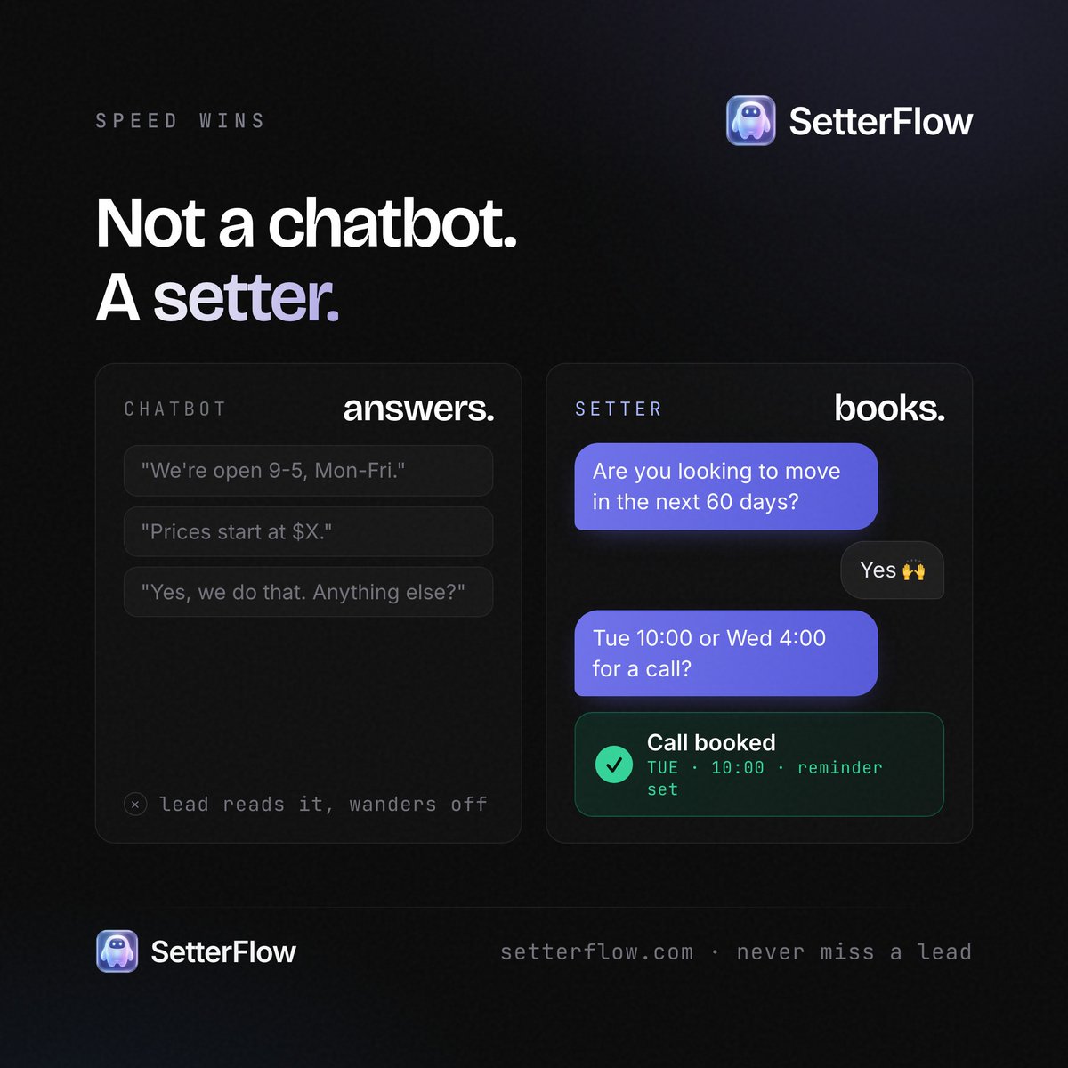 setterflowx's tweet photo. A chatbot deflects — it answers the question and the lead wanders off. A setter has a job: qualify the person and get the meeting. SetterFlow is the second… https://t.co/q8KxiuZ1Sj https://t.co/wG0GRArxGL