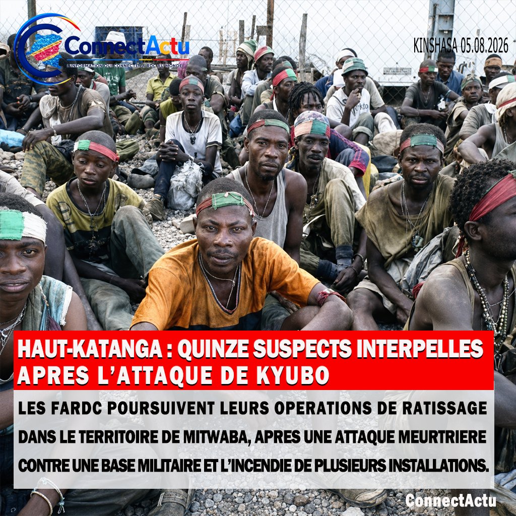 ConnectActu's tweet photo. RDC | Haut-Katanga — Quinze présumés miliciens Bakata Katanga ont été interpellés après l’attaque de la base militaire de Kyubo, dans le territoire de Mitwaba.

Transférés à Lubumbashi, les suspects font l’objet d’une procédure tandis que les opérations de ratissage se poursuivent.
Lire l'article https://t.co/ZlsrB7aut1