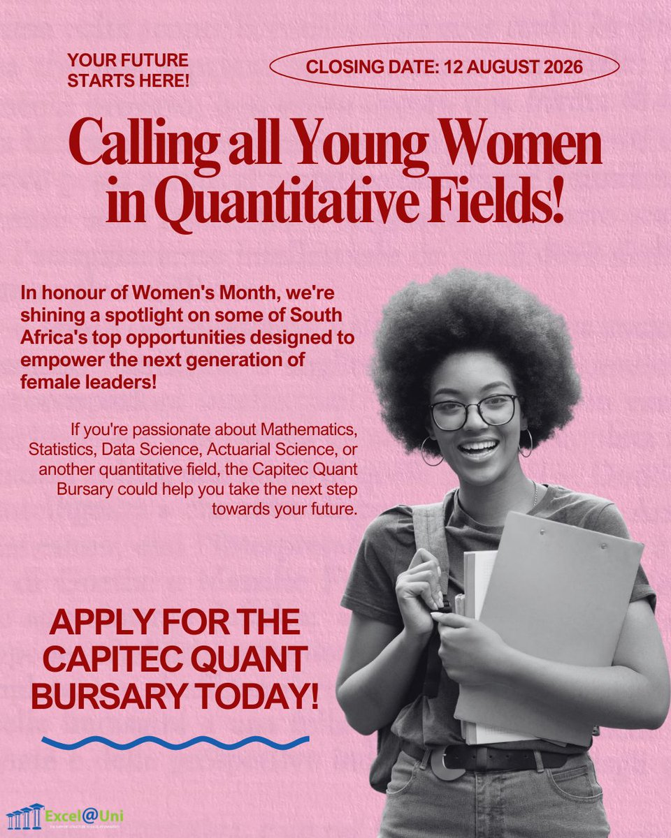ExcelAtUni's tweet photo. CALLING ALL GIRLS IN QUANTITATIVE FIELDS! 📢 

👉 This opportunity is specifically targeted at our future female leaders! 

Don't miss out! Click the link below to apply! 
🔗  https://t.co/nK4PEPXgtd

#WomenInStem #GirlsInStem #WomenLeaders #Bursary https://t.co/Fl2s5Rb5CE