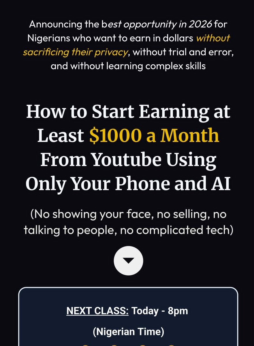 jon_d_doe's tweet photo. Some Nigerians are quietly earning over $1,000 dollars from using this 3 apps on their phones.

You might even have some of the apps already.

I am going to explain how this works in a few seconds.

But it is important that you know that this only works if you are serious about earning more and start living the life you want.

Most people don’t realize that there are various beginner-friendly income opportunities they can do with their phone - without having to show their face or sell anything.

And they can easily make $1,000 - $5000 a month

Can you imagine how that can change your life regardless of where you stay in Nigeria?

What they do is to find stories people already want to hear.

They give the story to AI to turn into a video script.

AI also creates the voiceover and the visuals. 

Then they use their phone to put everything together and upload it to Youtube.

When people watch the video, YouTube runs adverts on it and pays you a good percentage of the advertising money - in dollars.

And you can do everything from your phone.

The person teaching this method to Nigerians like you and me is this guy - Daniel Sampson. 

He perfected a method that removes guesswork from this and made $1,007 in his very first month of trying it.

Since then, he's taught hundreds of other Nigerians how to do the same thing and they are getting results.

Daniel is hosting a free 60-minute training today where he breaks down how to do this step by step.

It is time to turn the time you spend on your phone into additional income.

What is missing is an income method that works.

And that is what Daniel is going to show you in today’s class.

The class is only 60 minutes.

If you are ready to step up, click the link to attend this class.

Here's the link => https://t.co/nFYUTtXUFU

PS: Share this link with your friends too and have them attend the training.