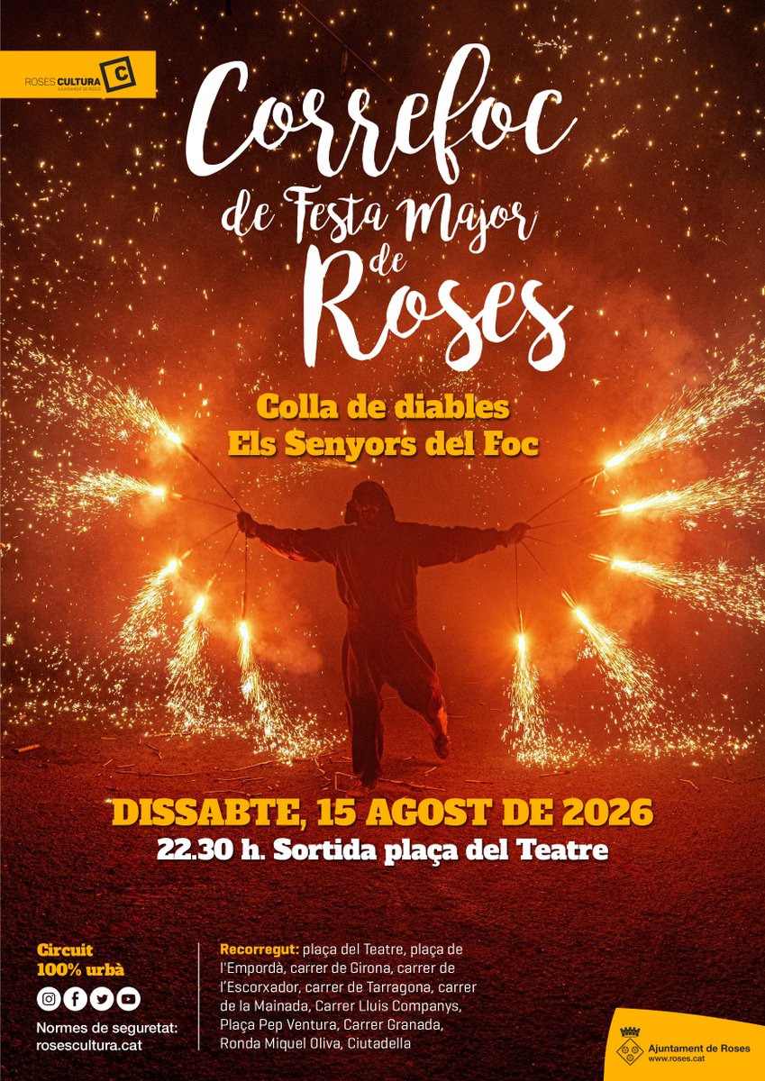 AjRoses's tweet photo. 🔥 Cada vegada queda menys per viure el Correfoc de la Festa Major de Roses! 😍
💥 Foc, espectacle i diversió per omplir els carrers d’energia, llum i emoció 💥
🗓️ Dissabte 15 d'agost, a les 22:30 h.
📍 Sortida de la plaça del Teatre.
👉 https://t.co/esMe9zv9Mq
#aRoses https://t.co/1c8GyAPrMf