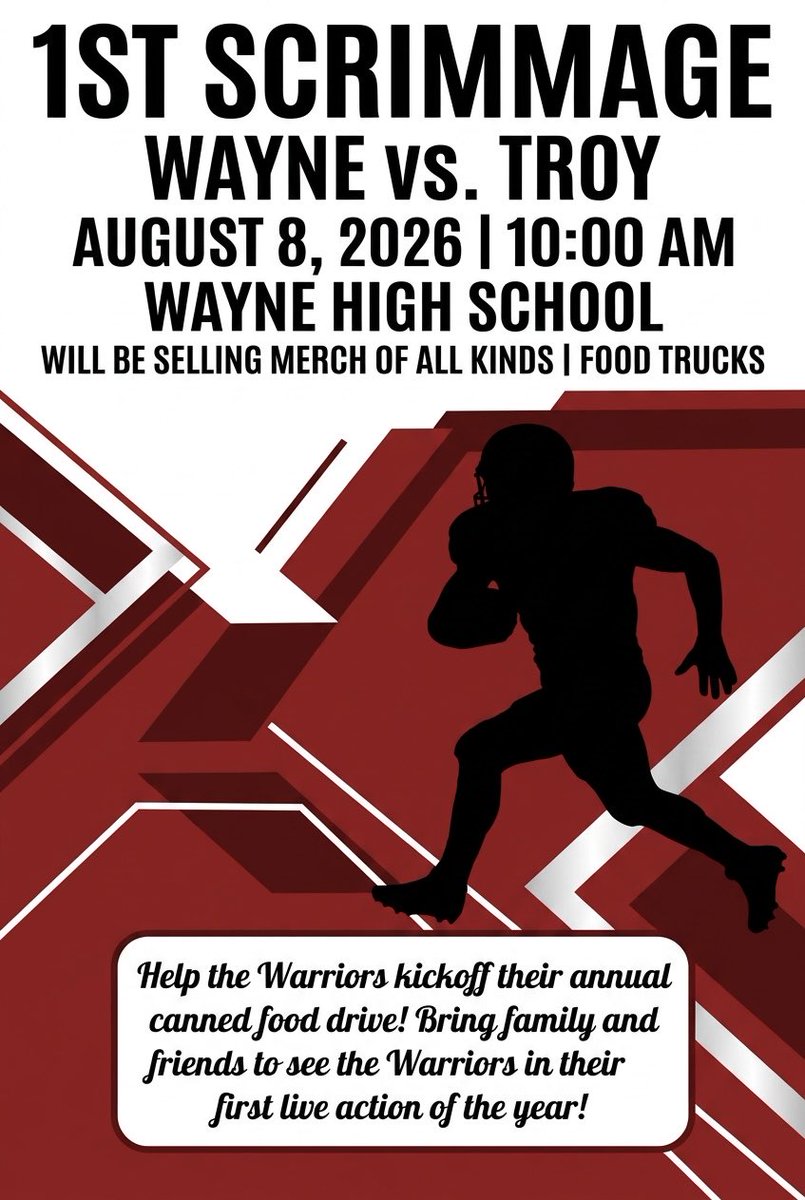 WayneWarriorFB1's tweet photo. Football is back! 🏈
Bring the whole family out to get your first look at the 2026 Warriors, grab some food, and stock up on merch!
🥫We’re kicking off our annual Canned Food Drive, so please bring a non-perishable food item.
❤️🖤 #StackingDays #WayneTrain🚂 https://t.co/RVNFCDBJSZ