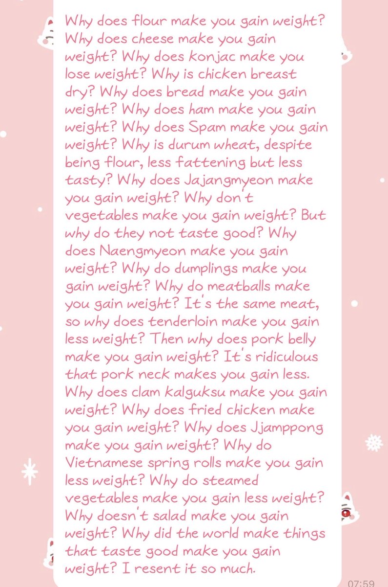 peuldoongnuna's tweet photo. Eunho starts his morning with an existential crisis and end up with…

❤️ I need to discuss this issue with Bamby hyung in kakao talk

him on wvs
❤️ Bamby-ssi i have a question
❤️ Why are things that are good for the body taste bad, why must we struggle to achieve what we want, why do delicious foods often make us gain weight, and why was the world designed in this way?

eunho dear i think you should ask different question, why do you think you need to lose weight in the first place?