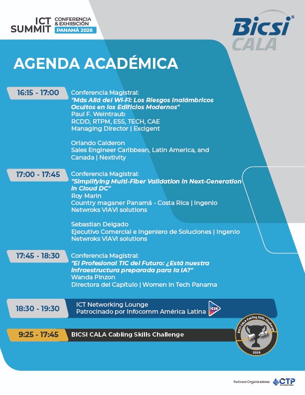 BICSI_CALA's tweet photo. ¡Agenda Académica del ICT Summit Panamá 2026! 🇵🇦 

Descubre ponencias sobre IA, talleres técnicos y competencias en vivo.

¡Regístrate!
🗓️ 12 ago

🌐 https://t.co/l2PPI5trCZ

#BICSI #BICSICALA #ICT #TIC https://t.co/2pTQ4dA2Ku