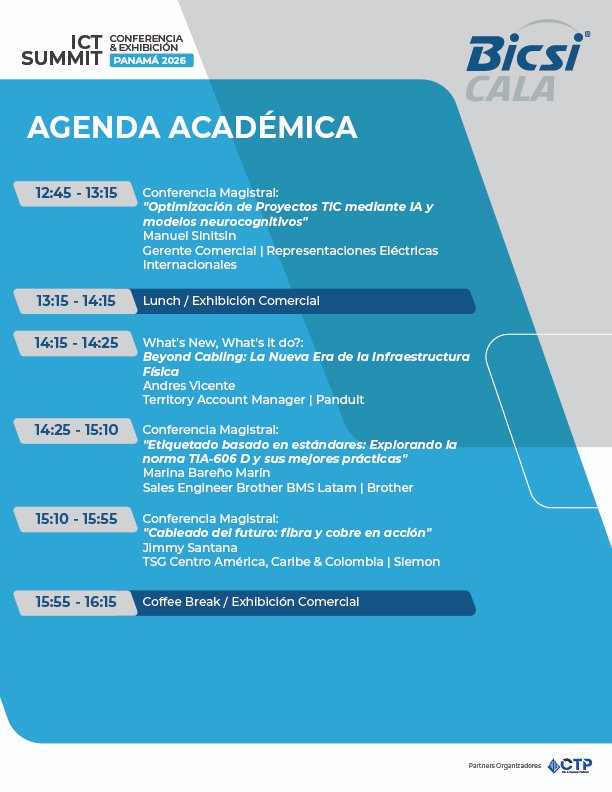 BICSI_CALA's tweet photo. ¡Agenda Académica del ICT Summit Panamá 2026! 🇵🇦 

Descubre ponencias sobre IA, talleres técnicos y competencias en vivo.

¡Regístrate!
🗓️ 12 ago

🌐 https://t.co/l2PPI5trCZ

#BICSI #BICSICALA #ICT #TIC https://t.co/2pTQ4dA2Ku