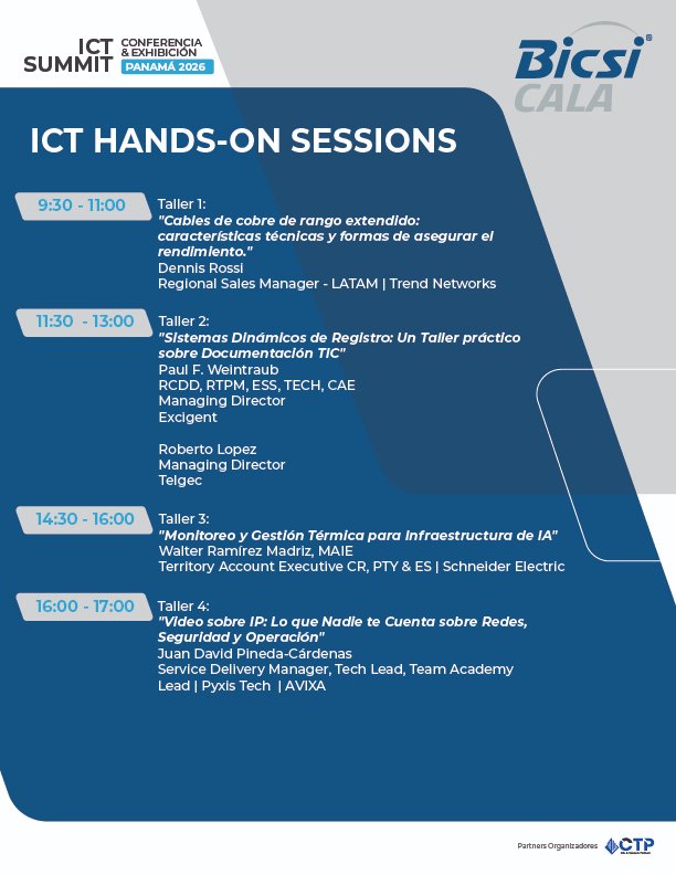 BICSI_CALA's tweet photo. ¡Agenda Académica del ICT Summit Panamá 2026! 🇵🇦 

Descubre ponencias sobre IA, talleres técnicos y competencias en vivo.

¡Regístrate!
🗓️ 12 ago

🌐 https://t.co/l2PPI5trCZ

#BICSI #BICSICALA #ICT #TIC https://t.co/2pTQ4dA2Ku