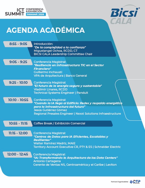 BICSI_CALA's tweet photo. ¡Agenda Académica del ICT Summit Panamá 2026! 🇵🇦 

Descubre ponencias sobre IA, talleres técnicos y competencias en vivo.

¡Regístrate!
🗓️ 12 ago

🌐 https://t.co/l2PPI5trCZ

#BICSI #BICSICALA #ICT #TIC https://t.co/2pTQ4dA2Ku