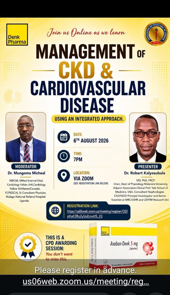 rkalyes1's tweet photo. 🔥I will be presenting about the current management of the Cardiovascular Kidney Metabolic Syndrome ( CKM) &amp; sharing insights on the Uganda Integrated CKD guidelines 

👇 Please register - CME available!
https://t.co/HXleRofPqh
@SemitalaFred @Ug_kidneyf @JosephOgavu https://t.co/Dordd8nSme