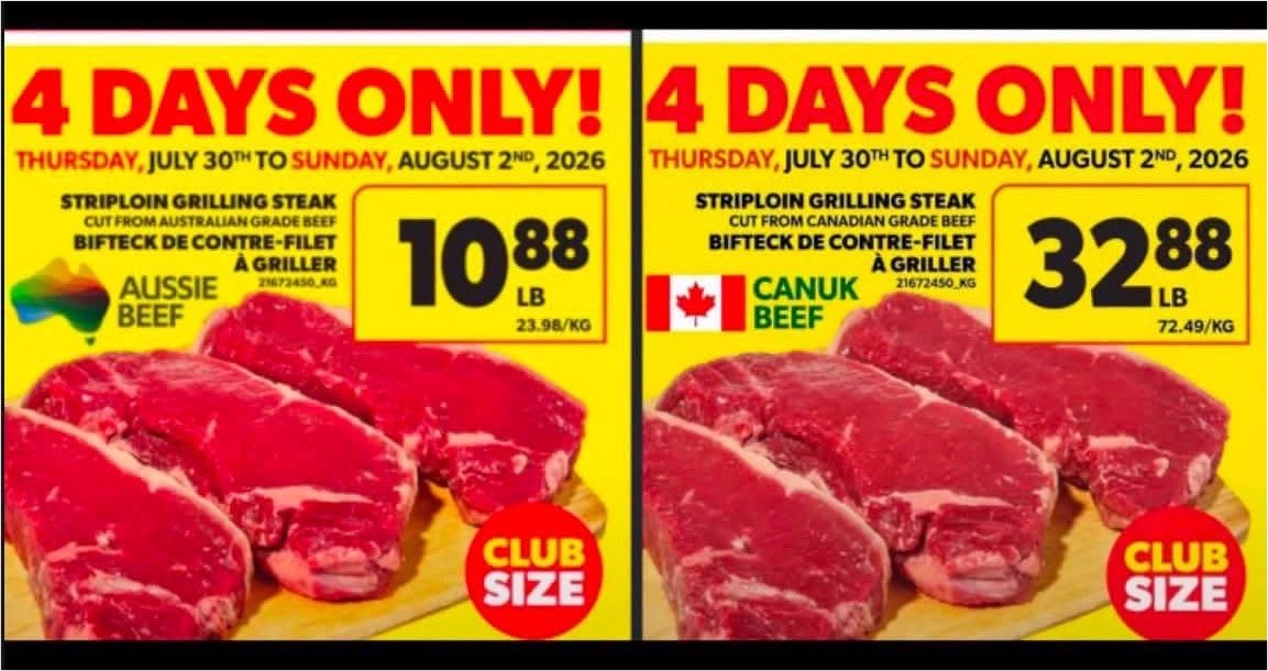 JayGenXer's tweet photo. 🥩 MAKE THIS MAKE SENSE!

Same store. Same sale. Same cut. Both prices are in Canadian dollars.

🇦🇺 Australian striploin: $10.88/lb
🇨🇦 Canadian striploin: $32.88/lb

That is a $22 difference. Based on the Australian price, the Canadian beef is 202% more expensive—more than triple the price.

Nothing says “buy Canadian” like charging Canadians three times more for beef raised here than beef shipped across an ocean.