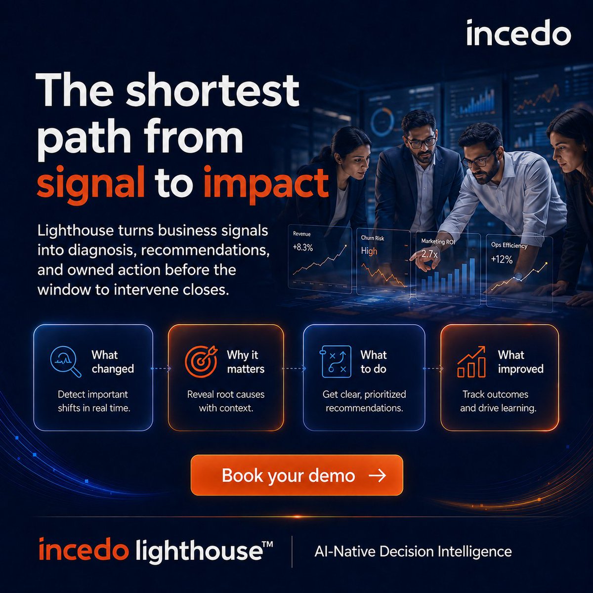 IncedoInc's tweet photo. Business signals lose value when action comes too late.

A revenue shift.
A spike in churn risk.
A marketing ROI drop.
An operational efficiency gap.

The challenge is not just detecting what changed. It is knowing why it matters, what to do next, and whether the action has improved outcomes.

Incedo Lighthouse helps enterprises move from signal to impact by turning business signals into diagnosis, recommendations, and owned action before the window to intervene closes.

Powered by AI-Native Decision Intelligence, Lighthouse helps teams act faster, sharper, and with greater confidence.

Book your demo: https://t.co/CBbomRGvxt

#Incedo #IncedoLighthouse #DecisionIntelligence #EnterpriseAI #AINative #BusinessSignals #BusinessImpact #DigitalTransformation #AI #DataDrivenDecisions