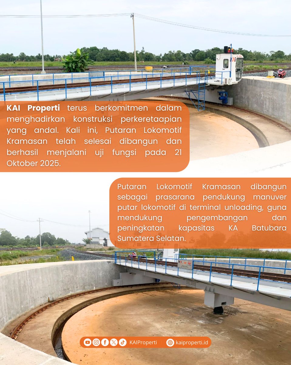 KAIProperti's tweet photo. Hai, Propertizen!✨

Sebagai prasarana pendukung manuver putar lokomotif di terminal unloading, insfrastruktur ini dihadirkan untuk mendukung pengembangan dan peningkatan kapasitas KA Batubara Sumatera Selatan
#KAIProperti #EssenceOfExcellence #SemakinMelayani https://t.co/BejXOtolgc
