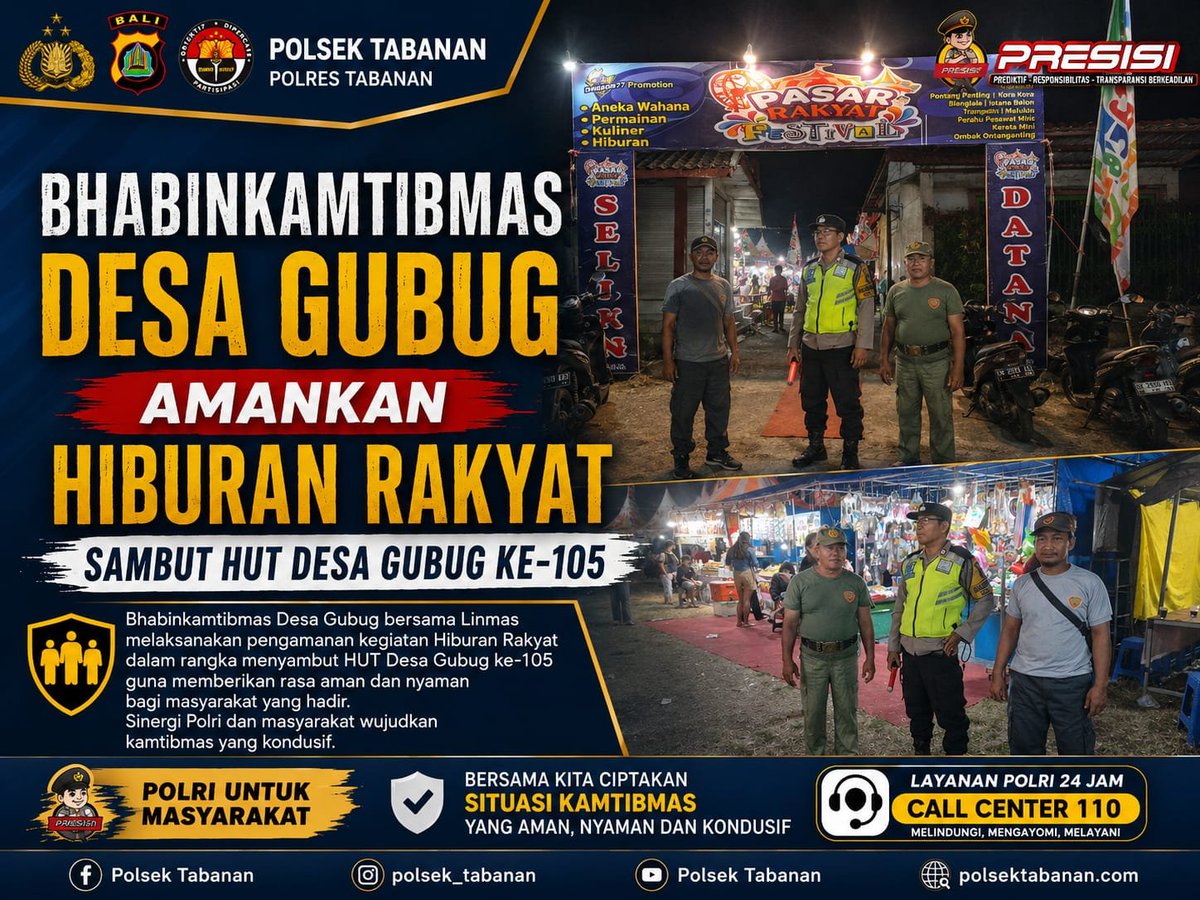 Polsek_tabanan's tweet photo. Dalam rangka memberikan rasa aman dan nyaman kepada masyarakat, Bhabinkamtibmas Desa Gubug, Aiptu I Wayan Sugiarta, melaksanakan pengamanan kegiatan hiburan rakyat dalam rangka menyambut Hari Ulang Tahun (HUT) Desa Gubug ke-105. https://t.co/qia0pVdpu8