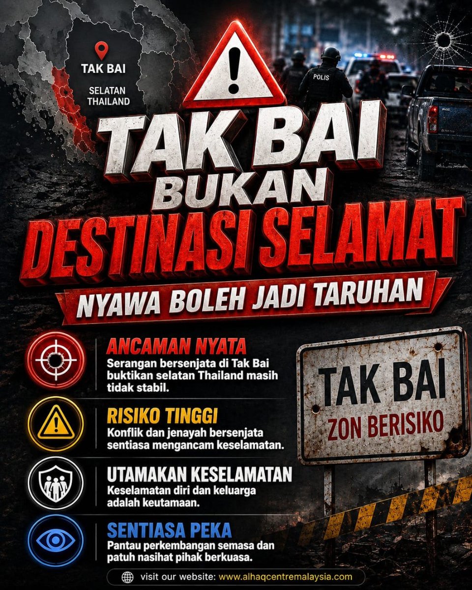 alhaqcentre's tweet photo. TAK BAI BUKAN DESTINASI SELAMAT
NYAWA BOLEH JADI TARUHAN
#Takbai
#Bomb
#ancaman
#keselamatan

Read more:
https://t.co/2P0LQdeAsp https://t.co/F9FuRLTVqd