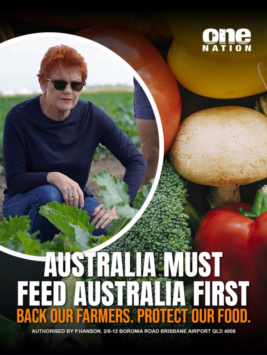 SupportPauline's tweet photo. One Nation believes food self-reliance is national security.

We should support Australian farmers, protect productive farmland, strengthen regional processing and ensure Australia can always feed its own people first. https://t.co/HNhpnVLZaS