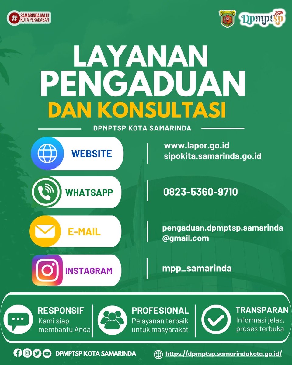 mppsmr_official's tweet photo. 📢 Punya pertanyaan, kendala, atau ingin menyampaikan pengaduan terkait layanan perizinan dan nonperizinan? Kami siap membantu!

#DPMPTSPSamarinda #PelayananPublik #LayananPengaduan #LayananKonsultasi #PerizinanBerusaha Samarinda MelayaniDenganHati PelayananPrima https://t.co/eWHlD4DhJI