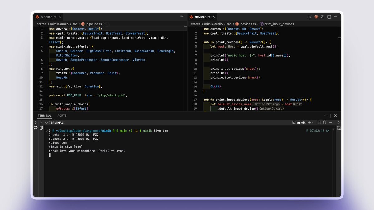 subhdotsol's tweet photo. Built Mimik , a real time programmable voice changer for   macOS written in rust. 

- It captures audio from your microphone
- processes it through a configurable DSP pipeline
- outputs the transformed audio to a virtual mic
for any application to use https://t.co/HwpXnhW2GP