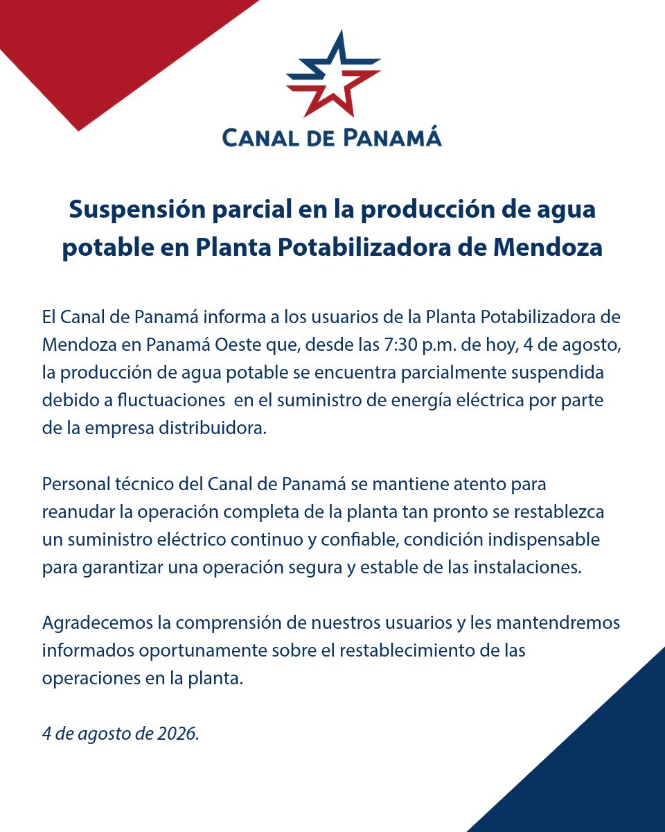 canaldepanama's tweet photo. Suspensión parcial en la producción de agua potable en Planta Potabilizadora de Mendoza https://t.co/SVmXG0kCos