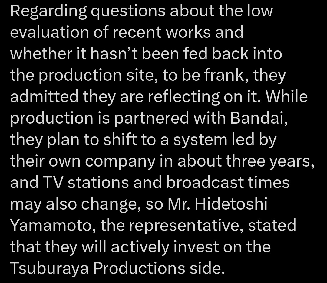 anon54980's tweet photo. For better or worse-

Tsupro is genuinely committed on reducing BANDAI's influence on them

Ngl- I wonder how Tsupro &amp; the ultraman franchise will look like in the coming years

&amp; at least so far, it seems like all those stuff said in the shareholder meeting isnt corpo talk https://t.co/icZDcZLJlx