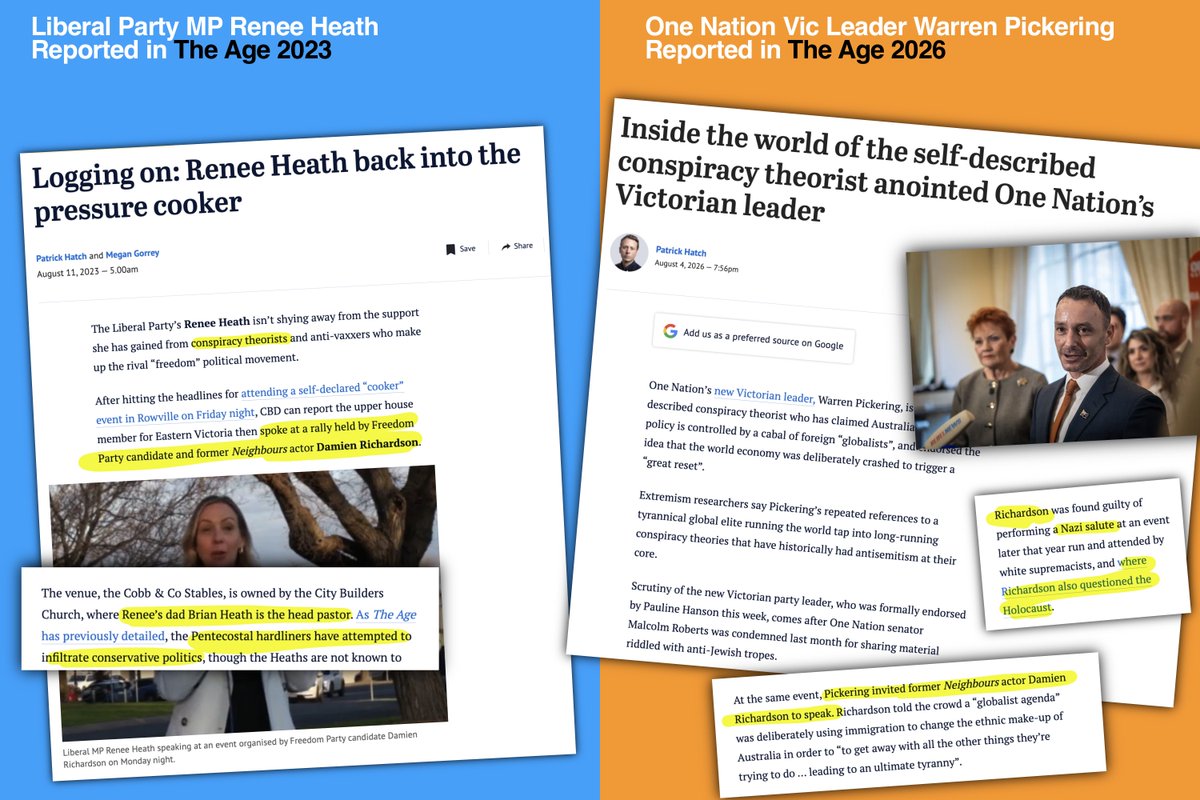 aaronsmith's tweet photo. What do Vic Lib MP Renee Heath and One Nation Vic leader Warren Pickering have in common?
They've both shared a stage with the same conspiracy theorist Holocaust questioning man found guilty of performing a Nazi salute.
The LibโOne Nation Venn diagram is now just a circle.
1/3 https://t.co/ofxi0IgAYu